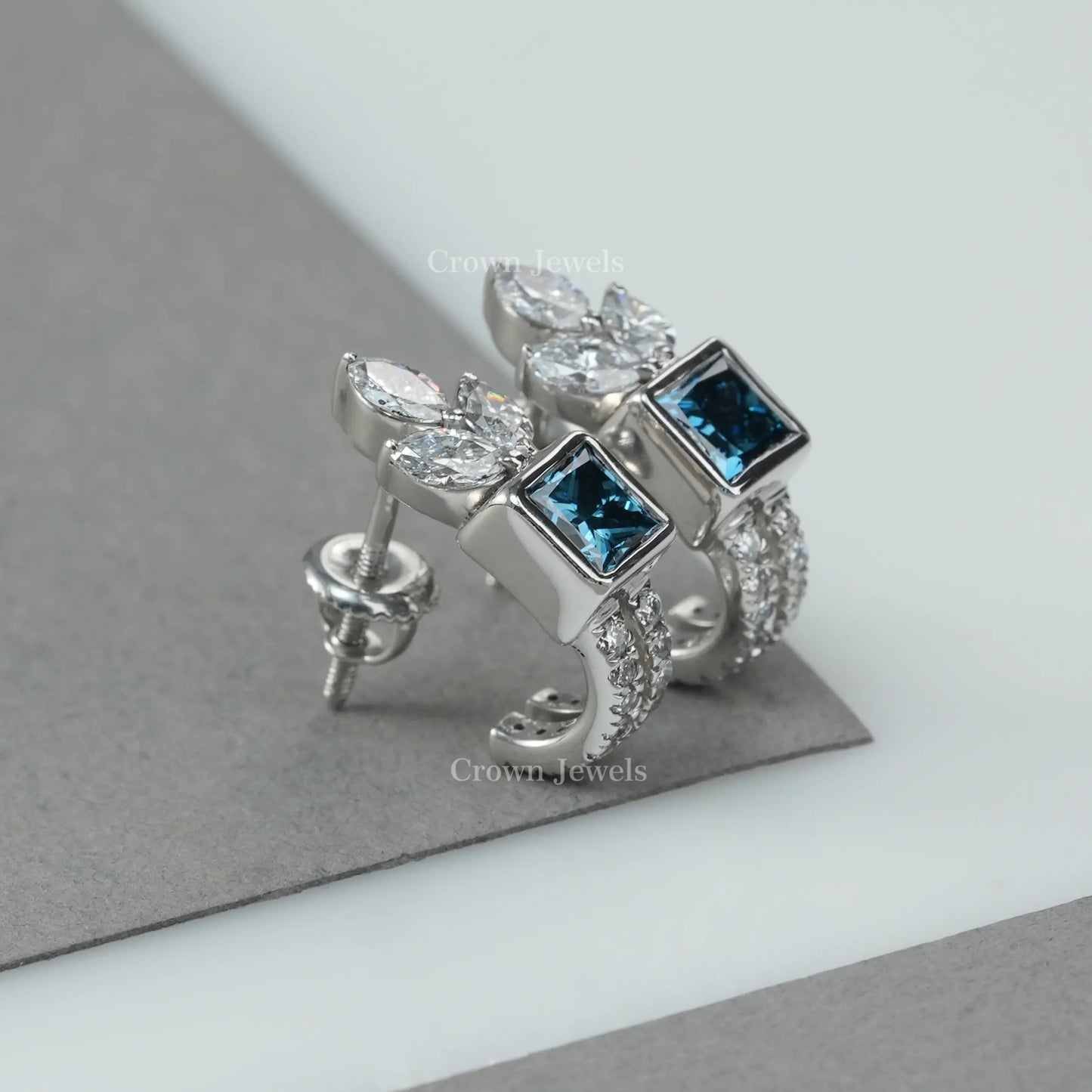 Blue Princess Cut Diamond Hoop Earrings