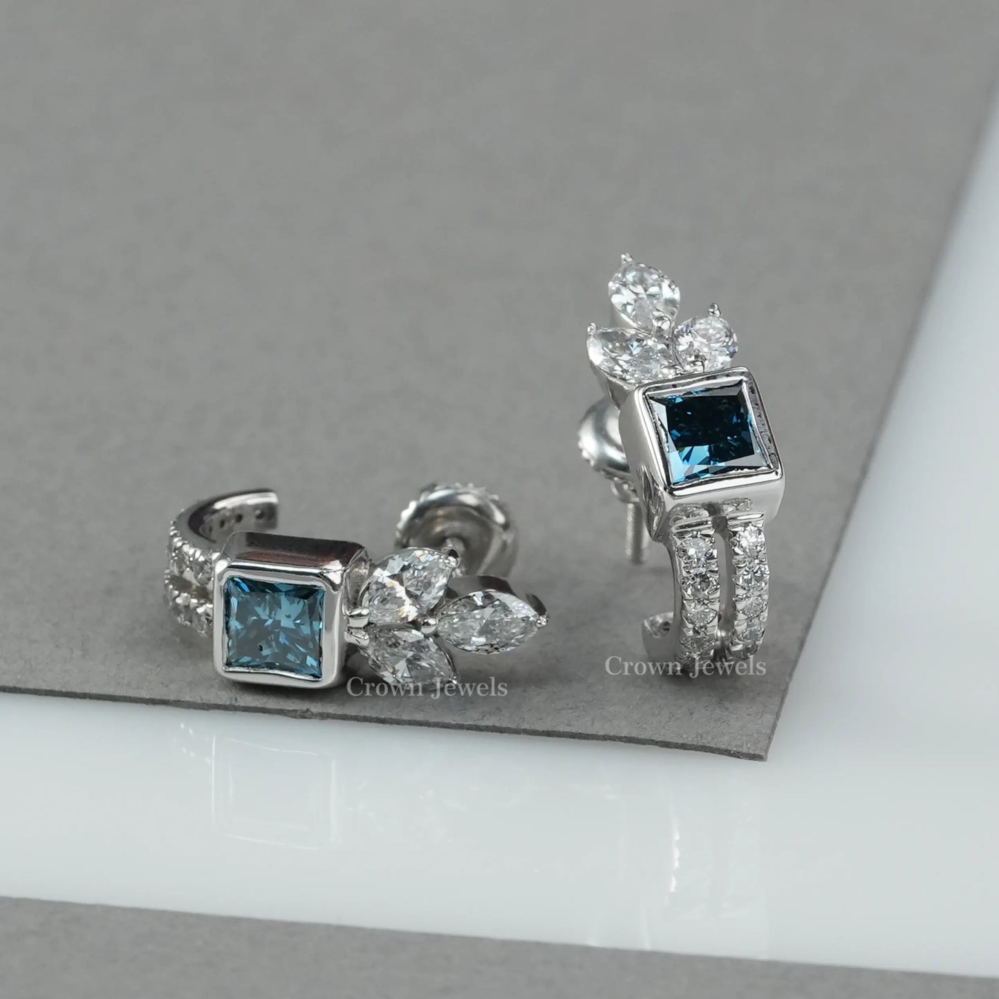Blue Princess Cut Diamond Hoop Earrings