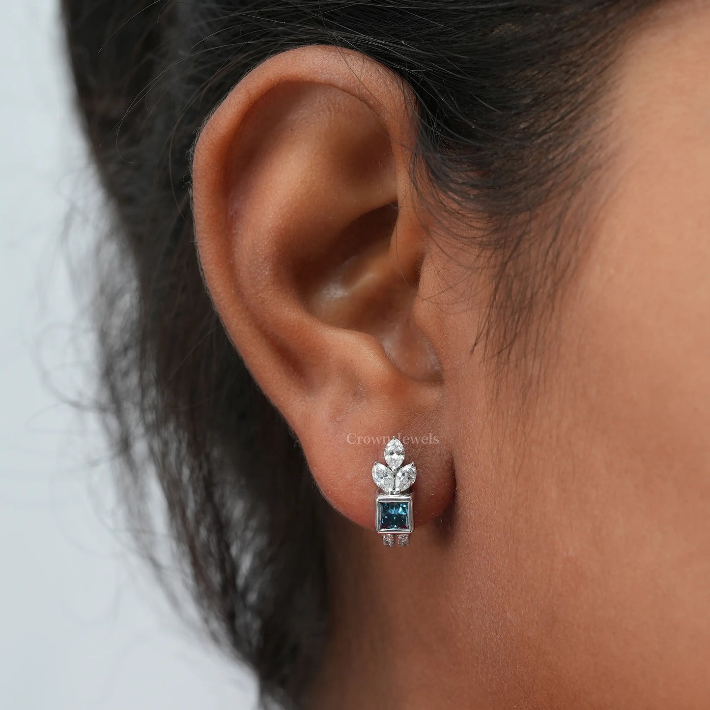 Blue Princess Cut Diamond Hoop Earrings