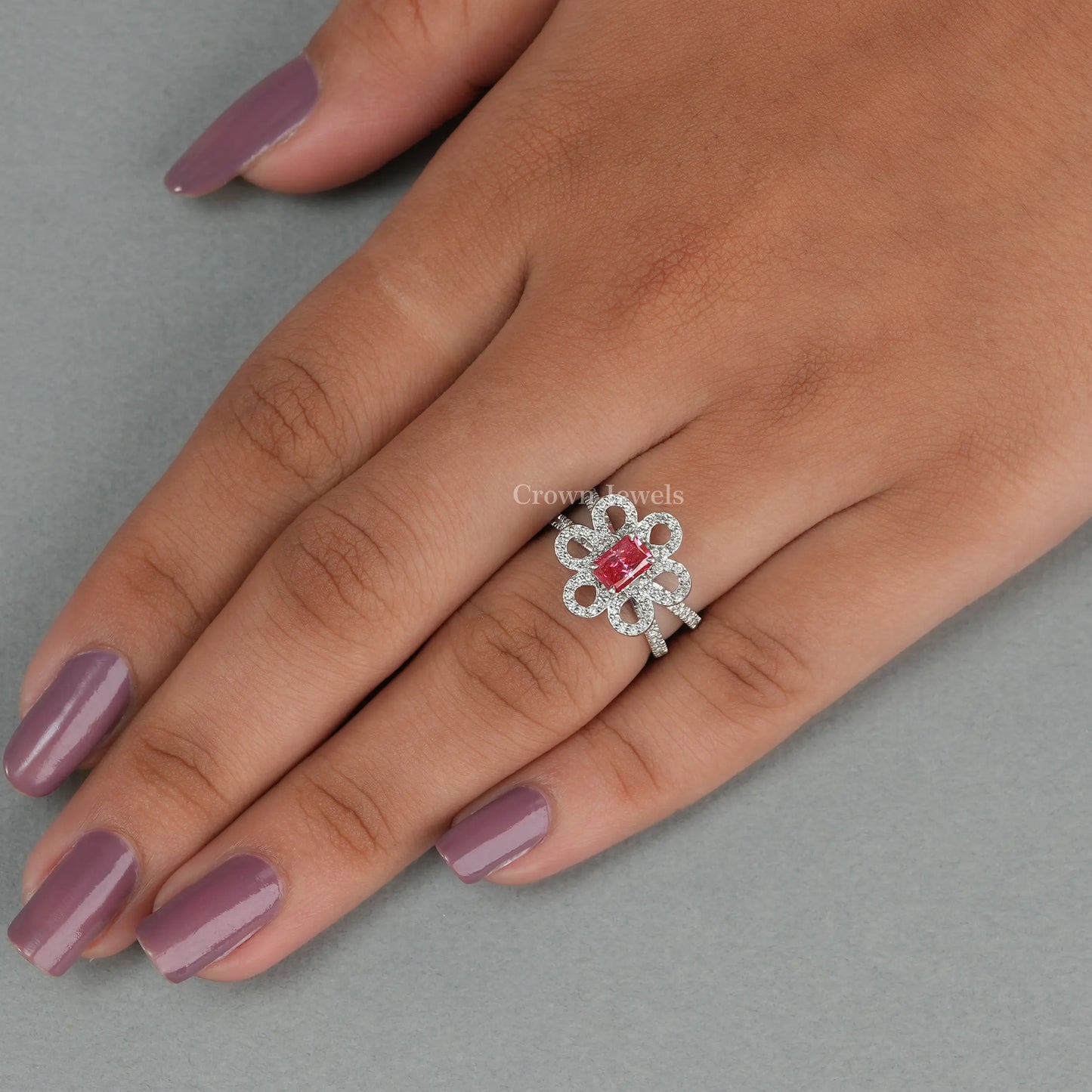 Red Radiant Diamond Flower Halo Engagement Ring