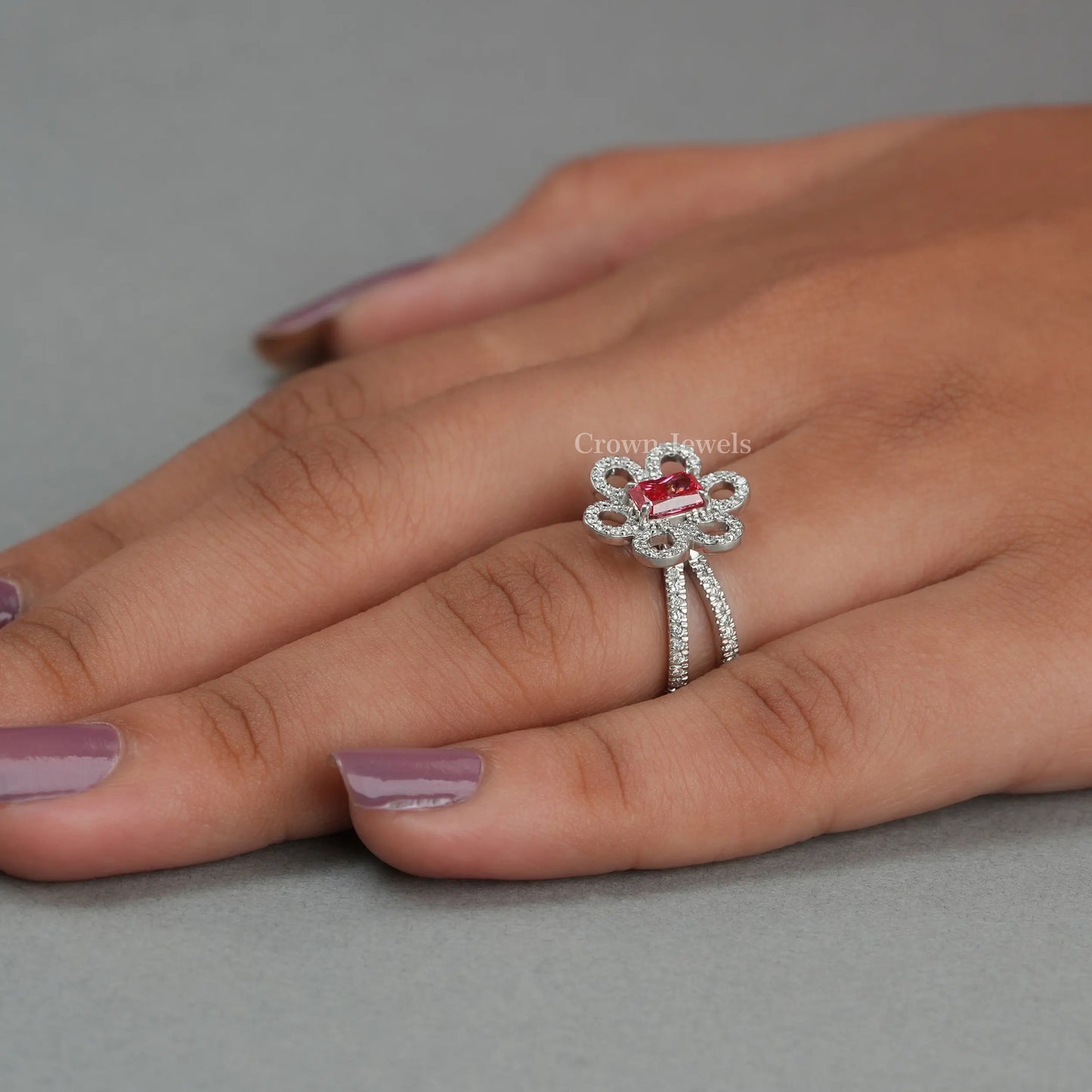 Red Radiant Diamond Flower Halo Engagement Ring
