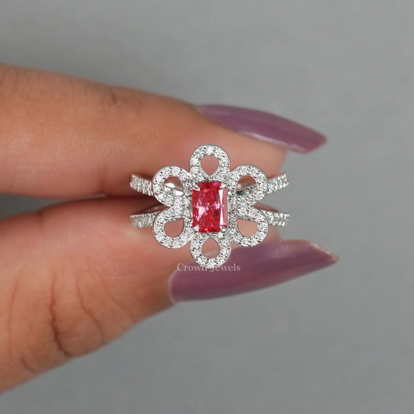 Red Radiant Diamond Flower Halo Engagement Ring