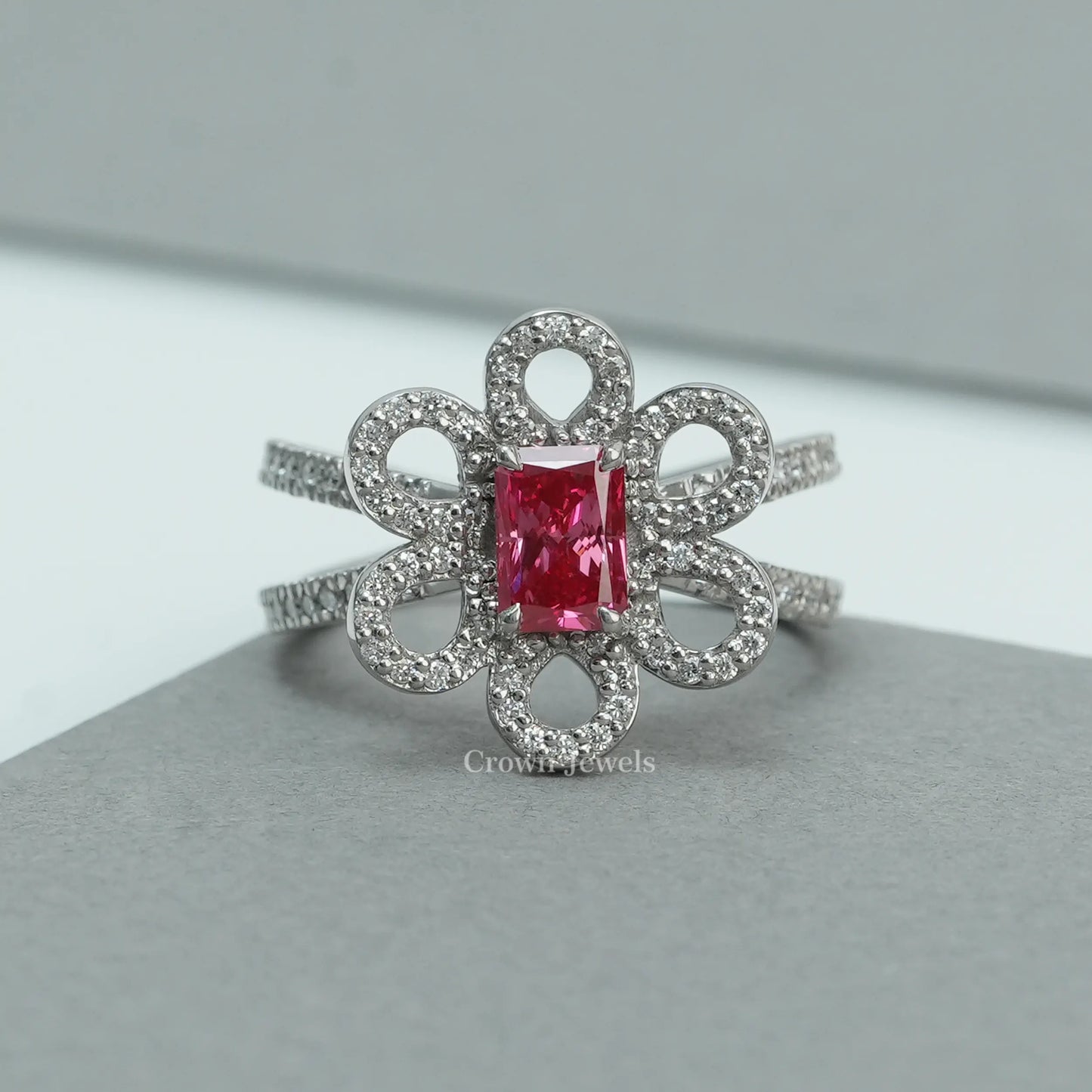 Red Radiant Diamond Flower Halo Engagement Ring