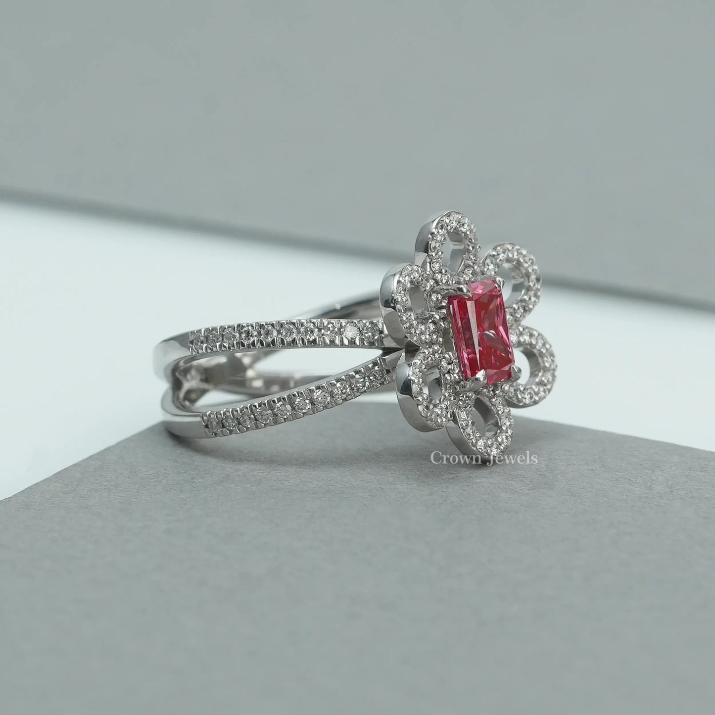 Red Radiant Diamond Flower Halo Engagement Ring