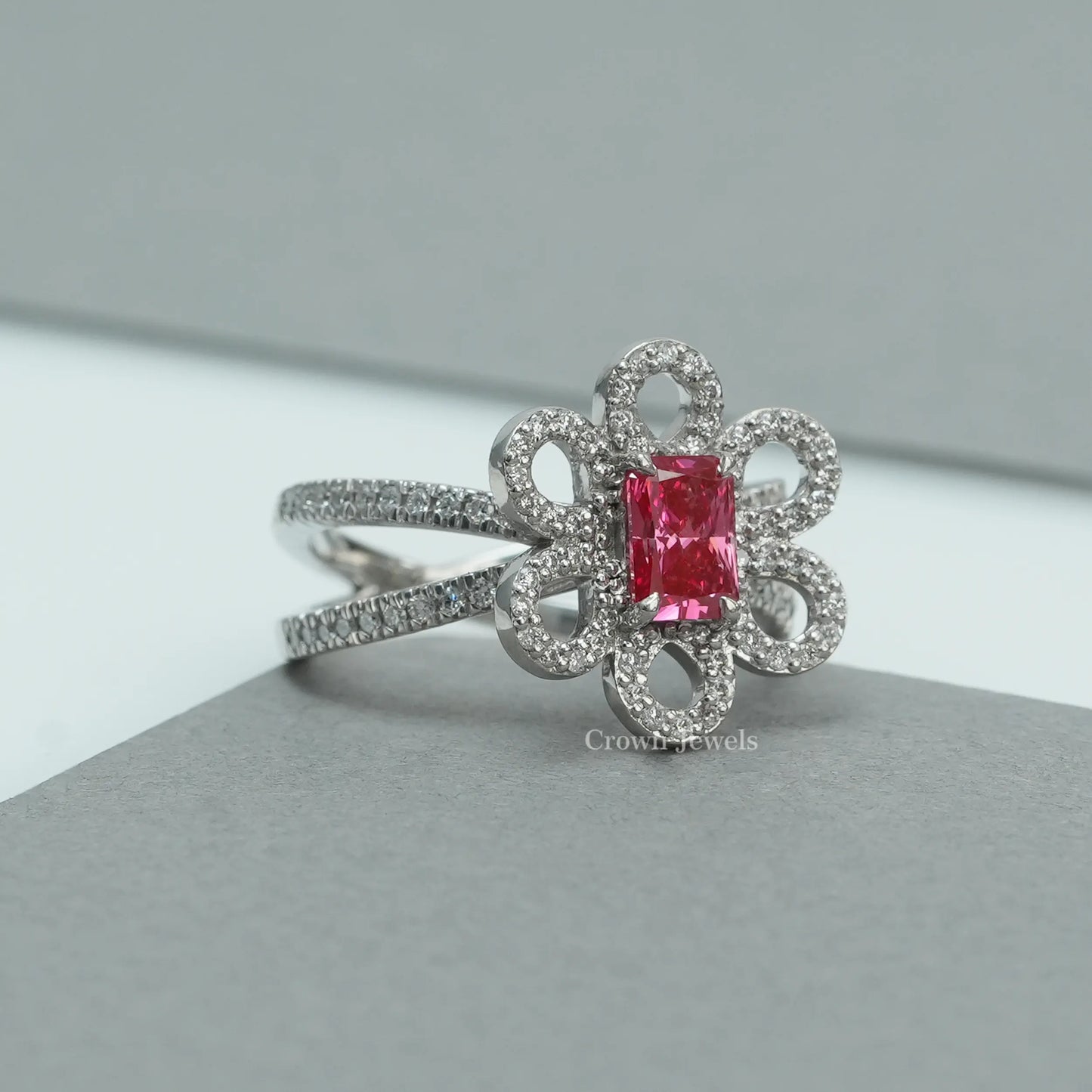 Red Radiant Diamond Flower Halo Engagement Ring