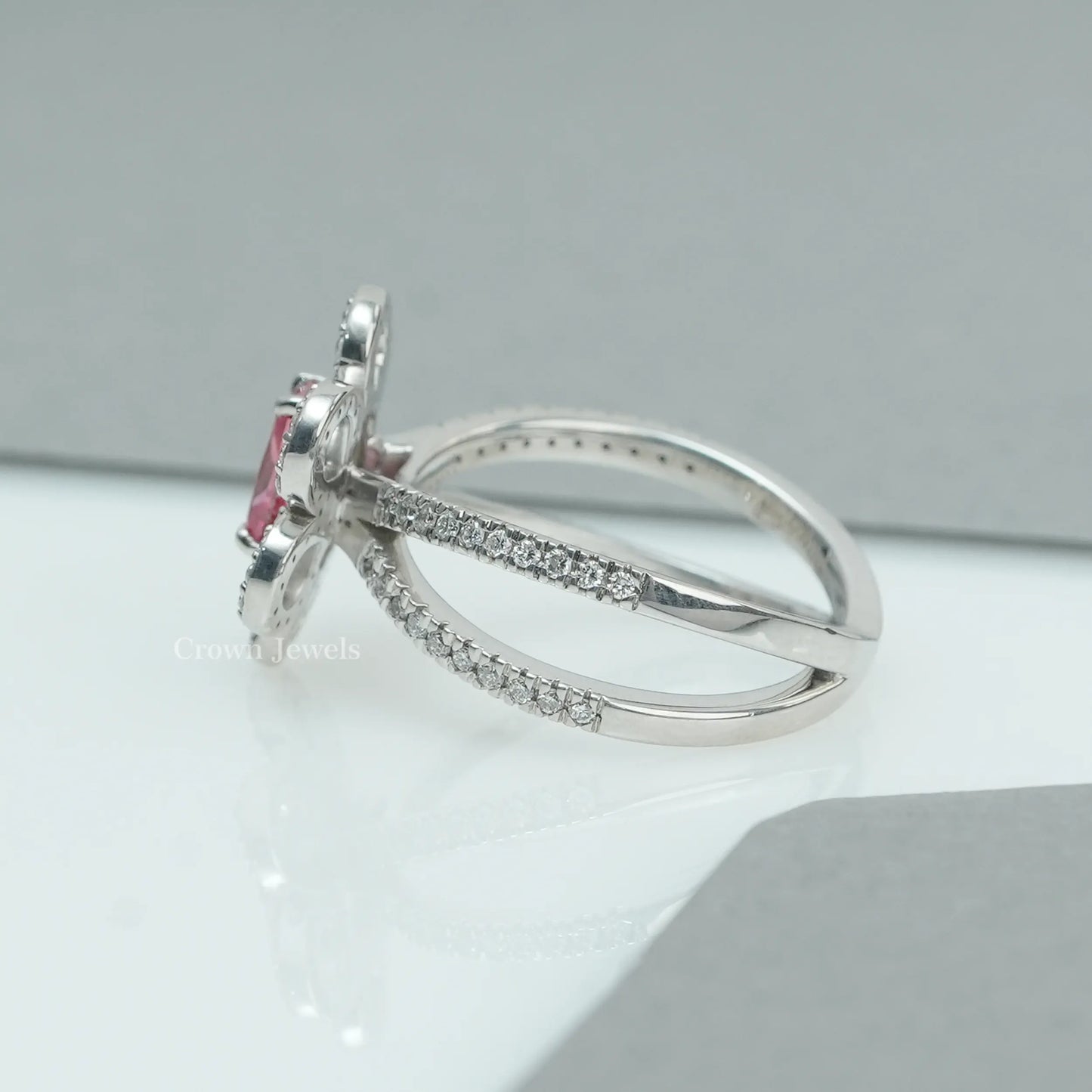Red Radiant Diamond Flower Halo Engagement Ring