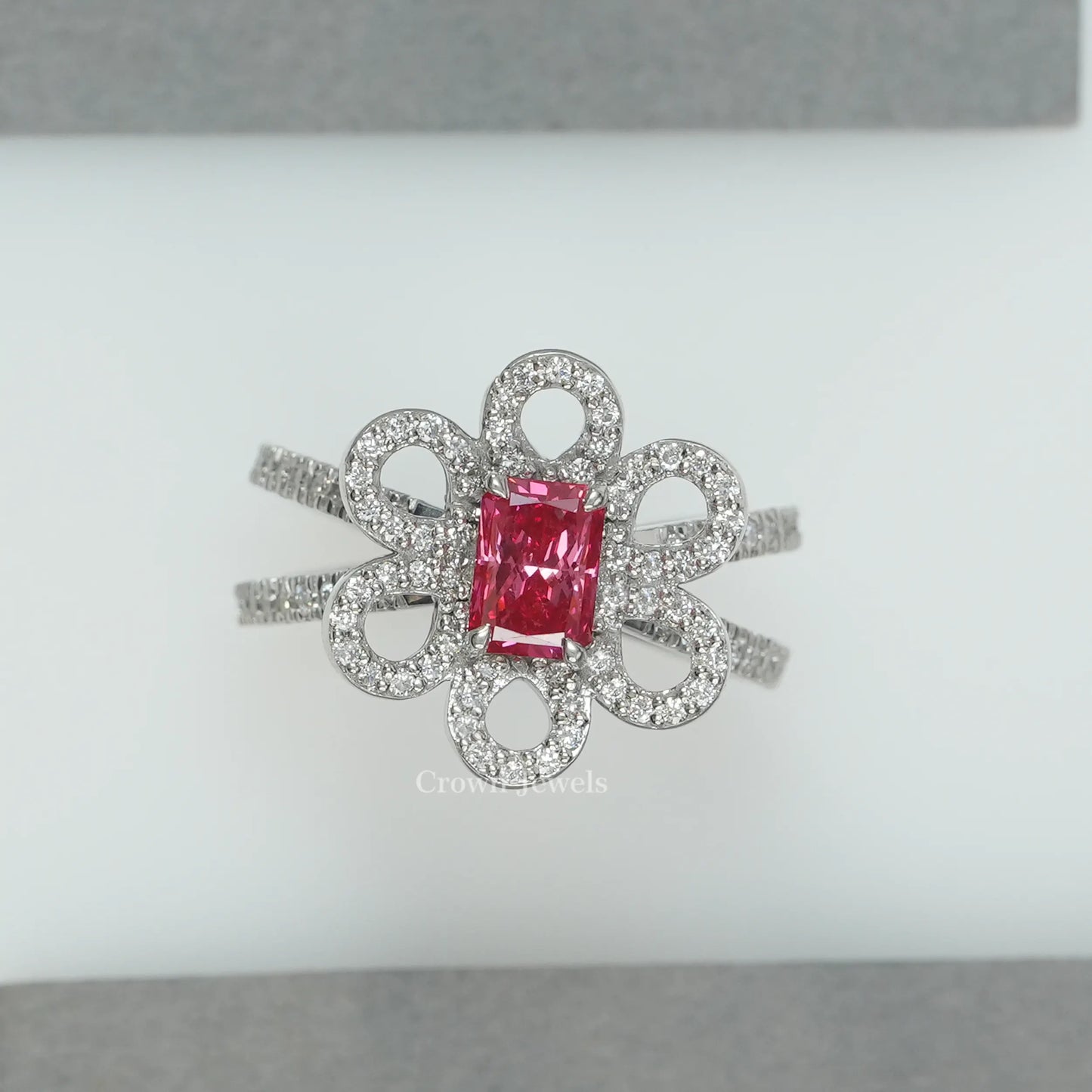 Red Radiant Diamond Flower Halo Engagement Ring