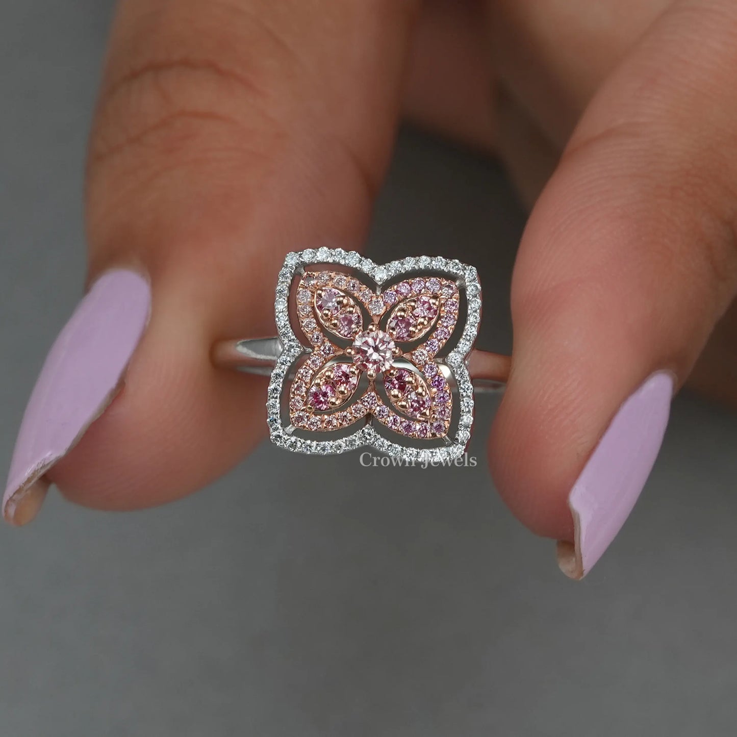 Flower Pink Double Halo Diamond Ring