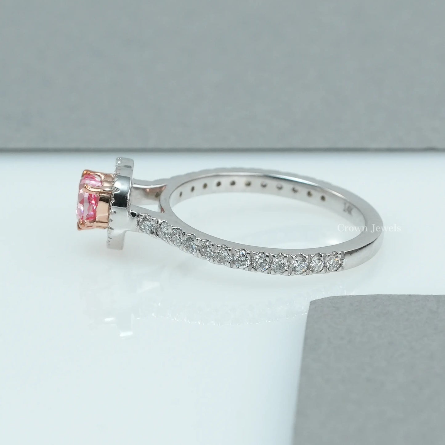 Pink Heart Diamond Halo Solitaire Accent Ring