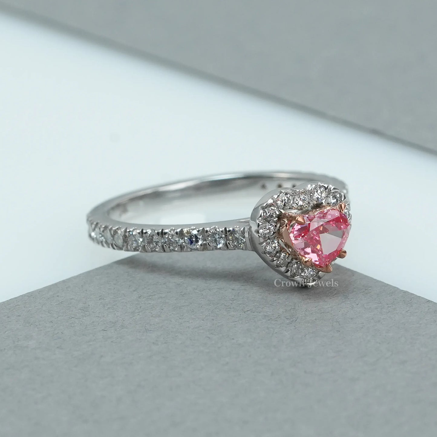 Pink Heart Diamond Halo Solitaire Accent Ring