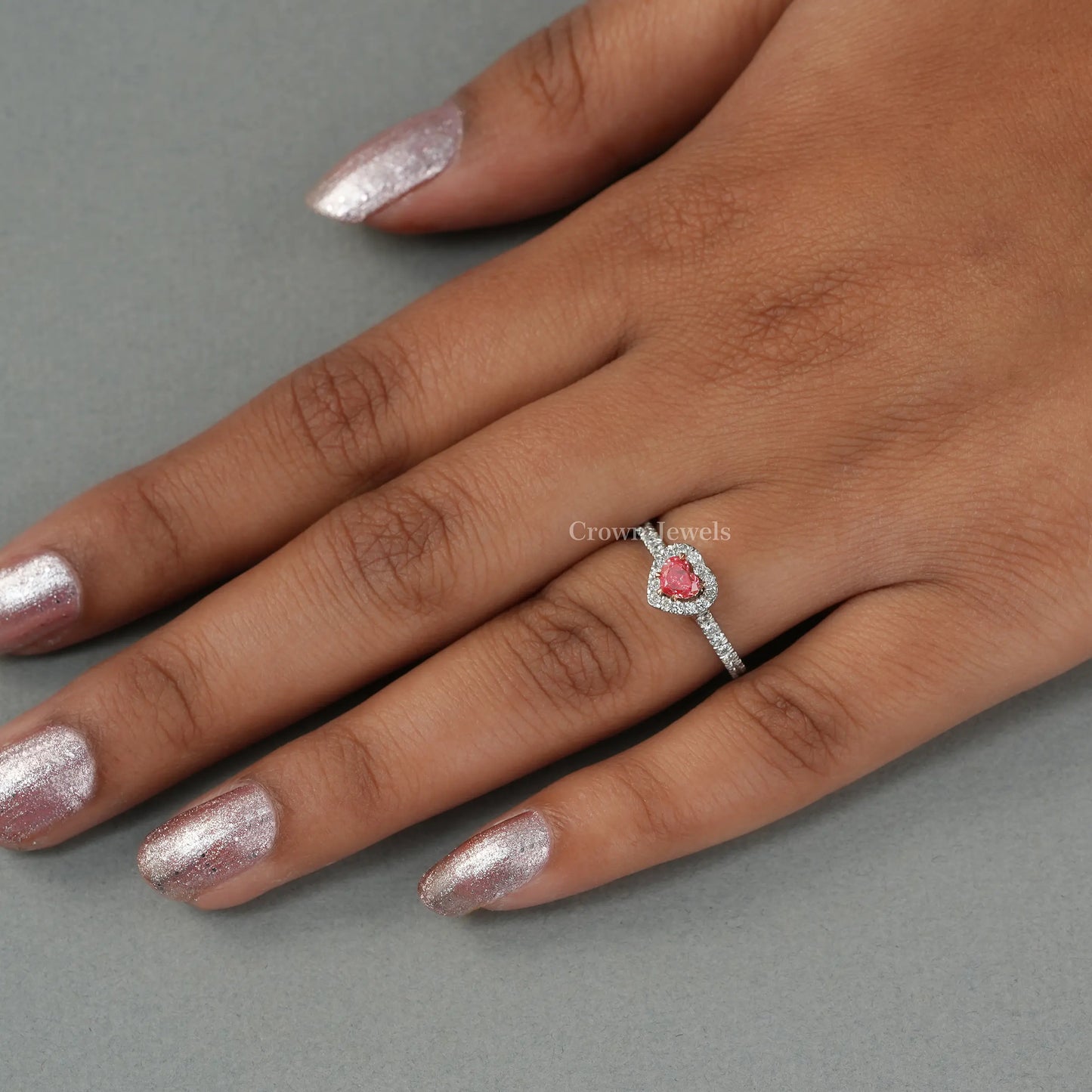 Pink Heart Diamond Halo Solitaire Accent Ring