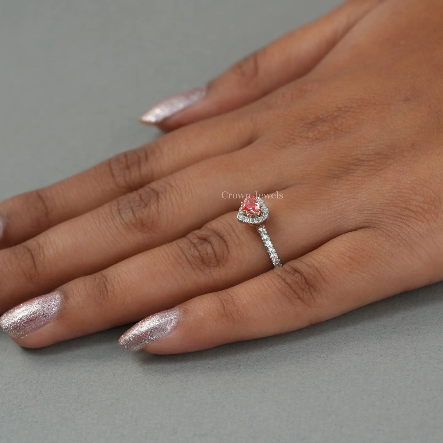 Pink Heart Diamond Halo Solitaire Accent Ring