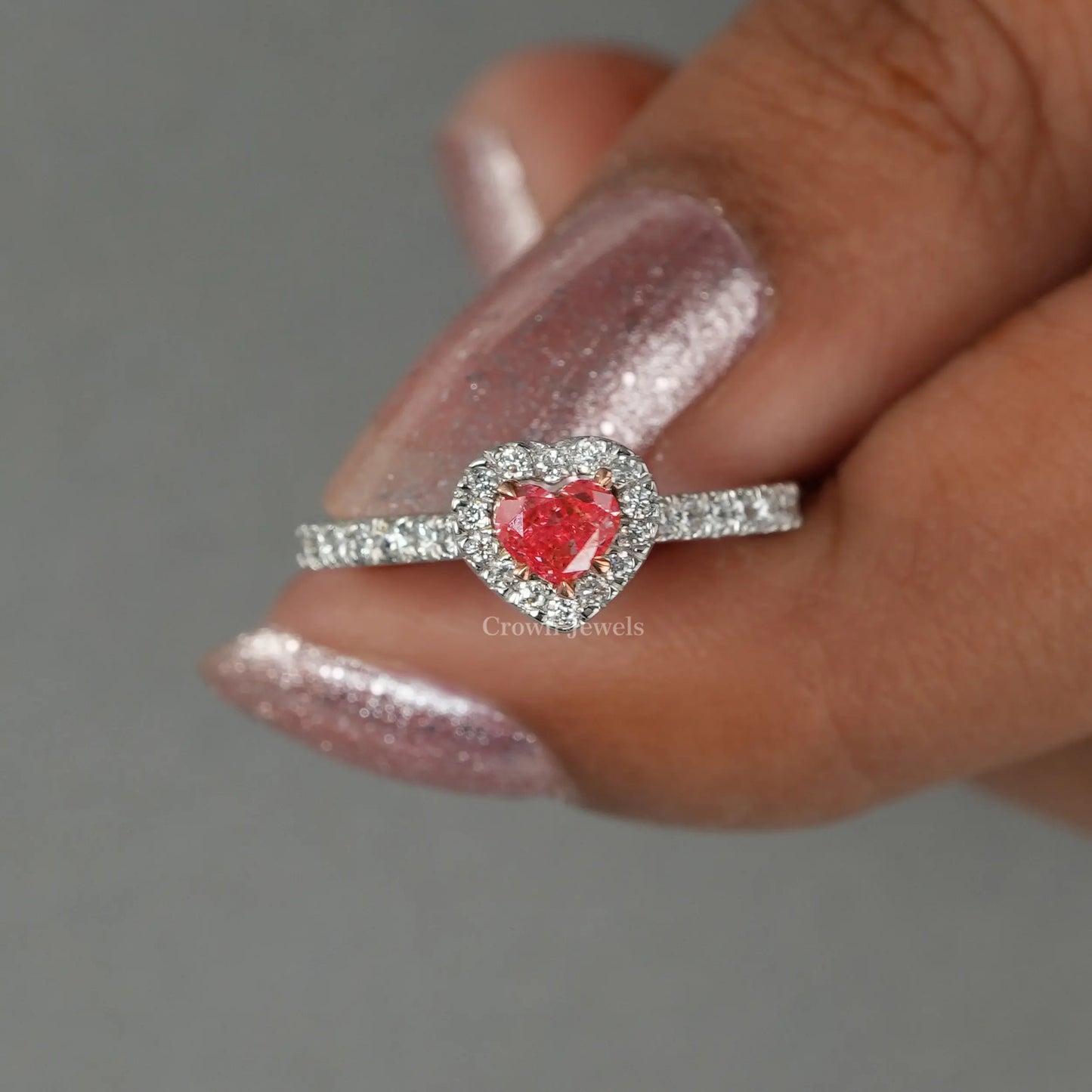 Pink Heart Diamond Halo Solitaire Accent Ring