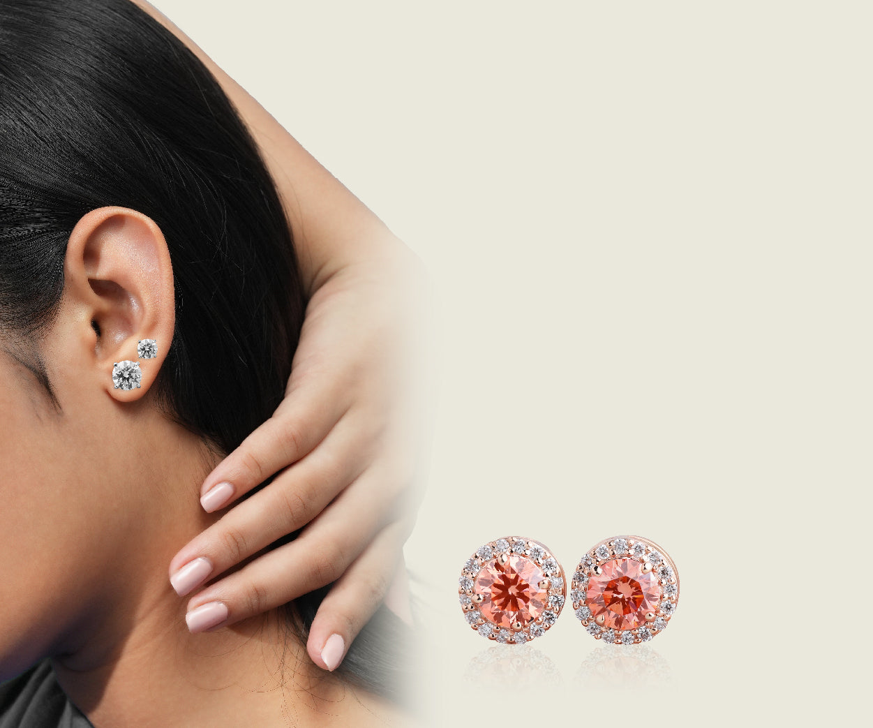 a girl is showing her earring made with lab grown diamond and 1 more earring of red color round cut lab grown diamond is present on the banner 