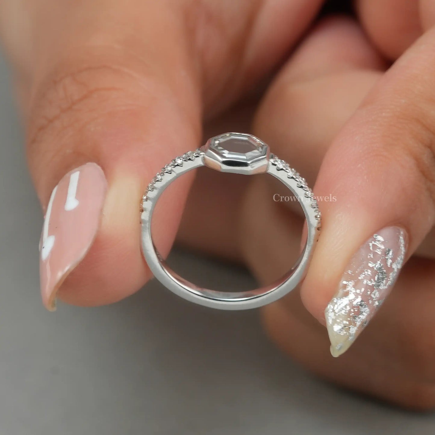 Octagon Portrait Cut Solitaire Accent Diamond Ring