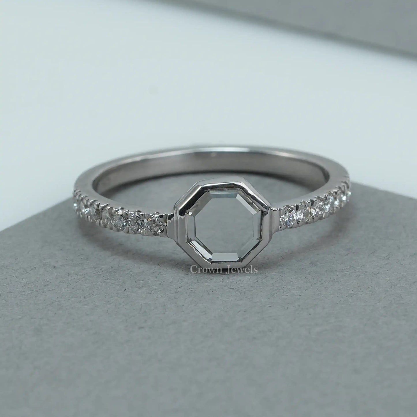 Octagon Portrait Cut Solitaire Accent Diamond Ring
