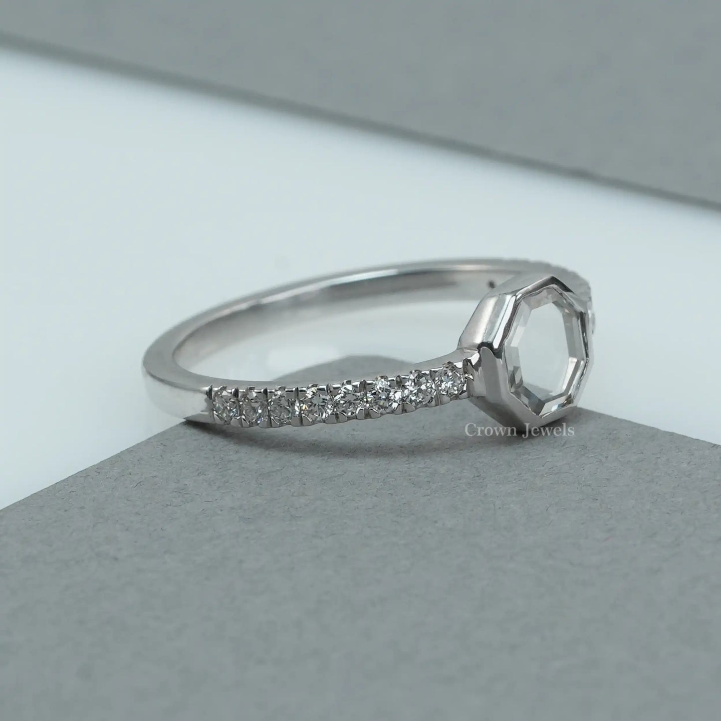 Octagon Portrait Cut Solitaire Accent Diamond Ring