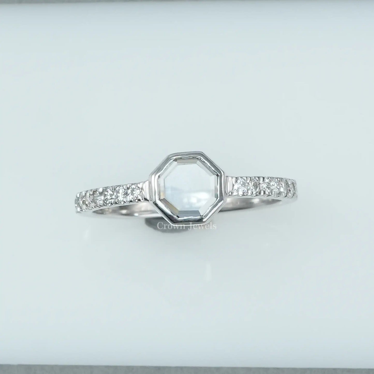 Octagon Portrait Cut Solitaire Accent Diamond Ring