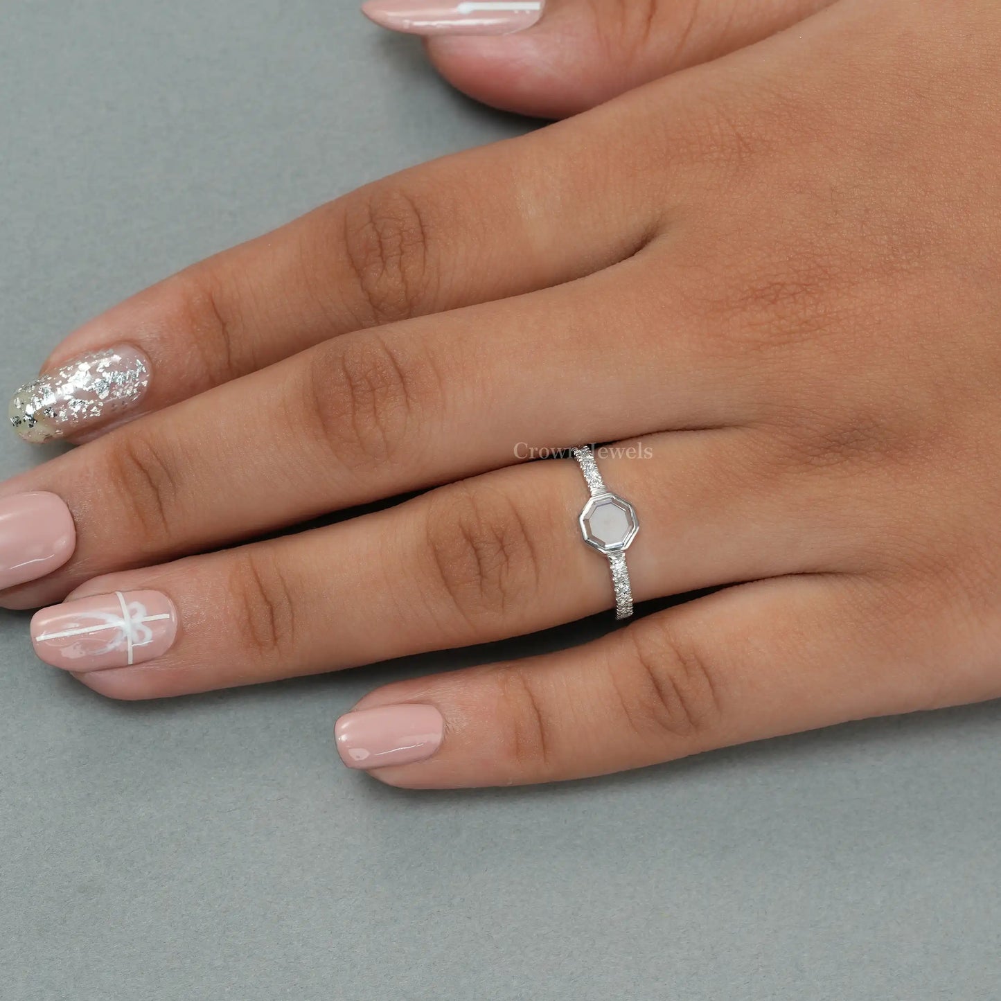 Octagon Portrait Cut Solitaire Accent Diamond Ring
