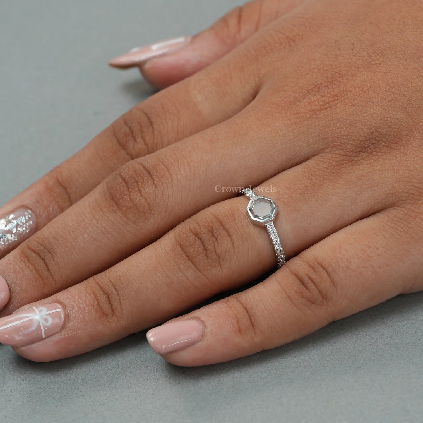 Octagon Portrait Cut Solitaire Accent Diamond Ring