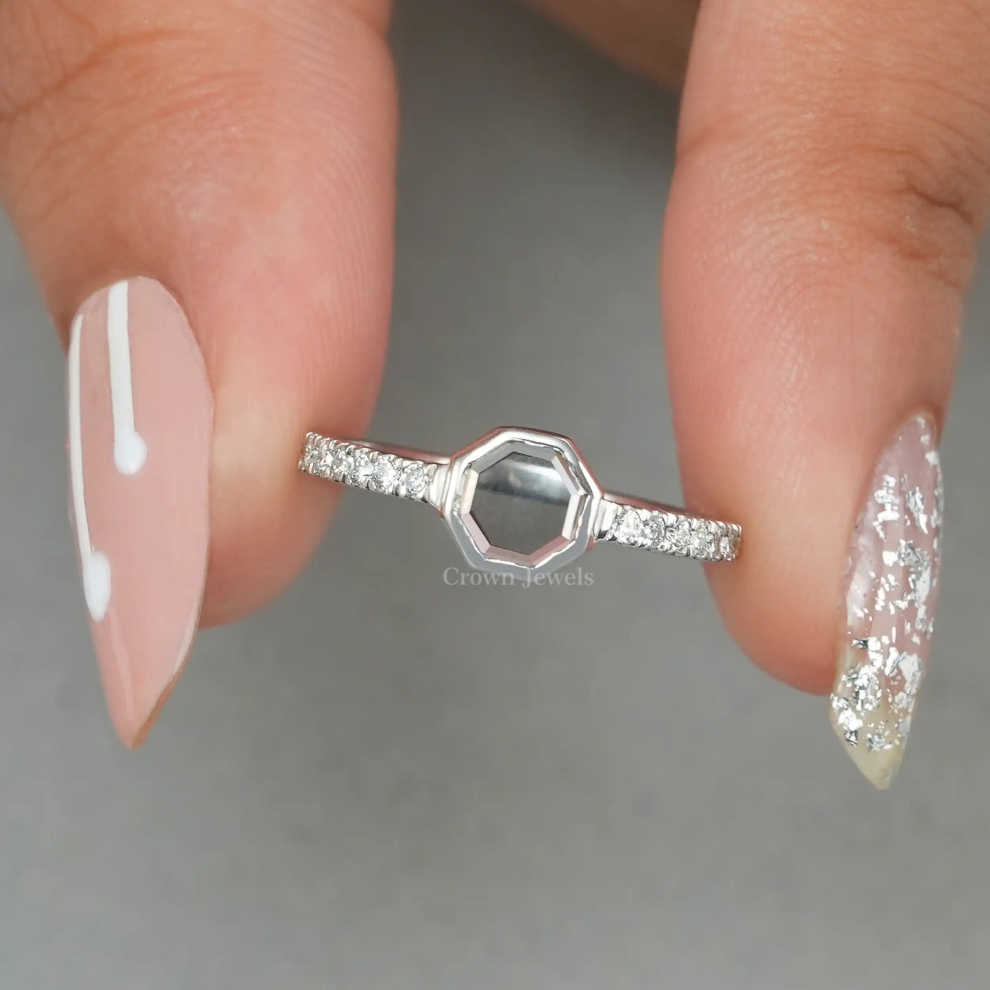Octagon Portrait Cut Solitaire Accent Diamond Ring