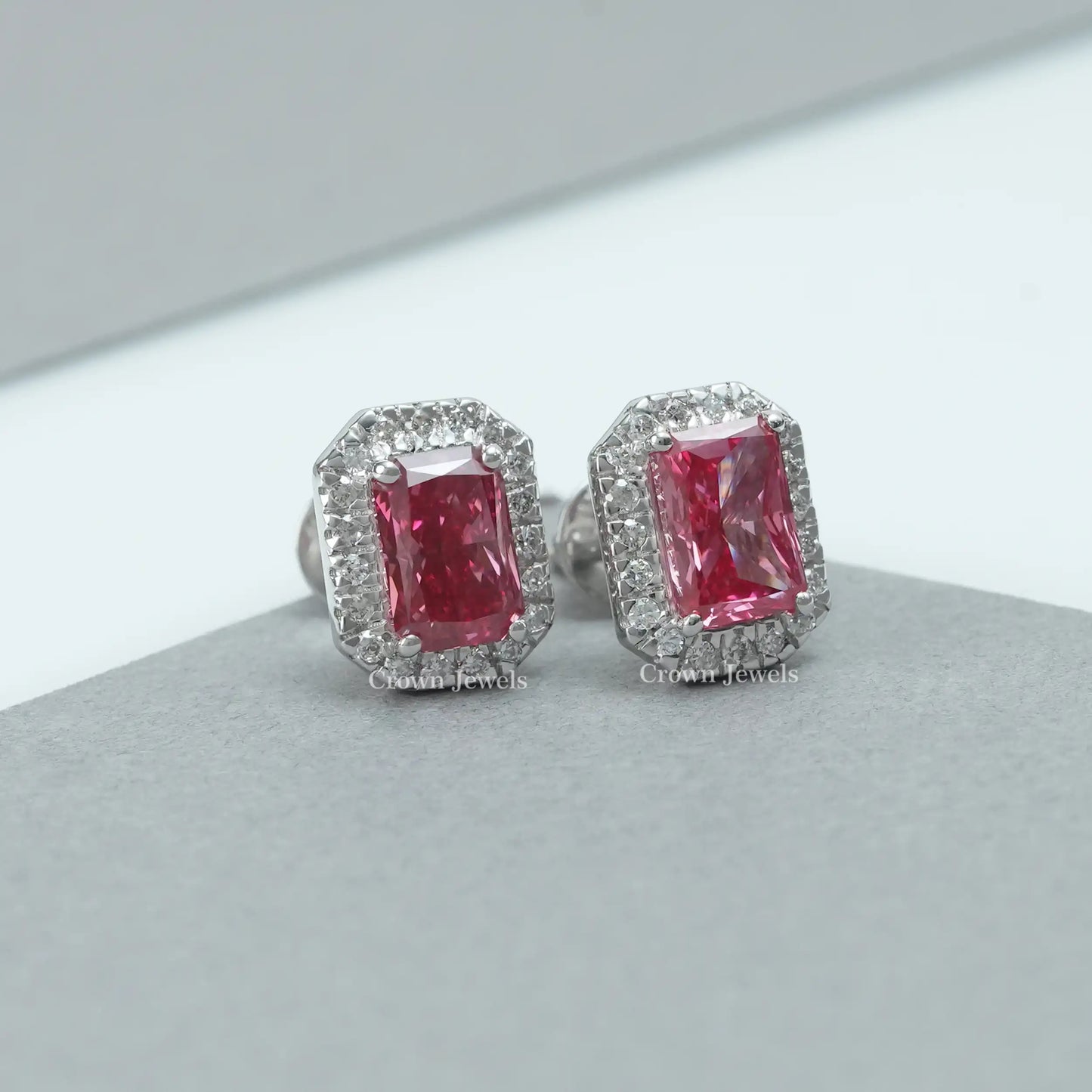Pink Radiant Cut Lab Grown Diamond Halo Stud