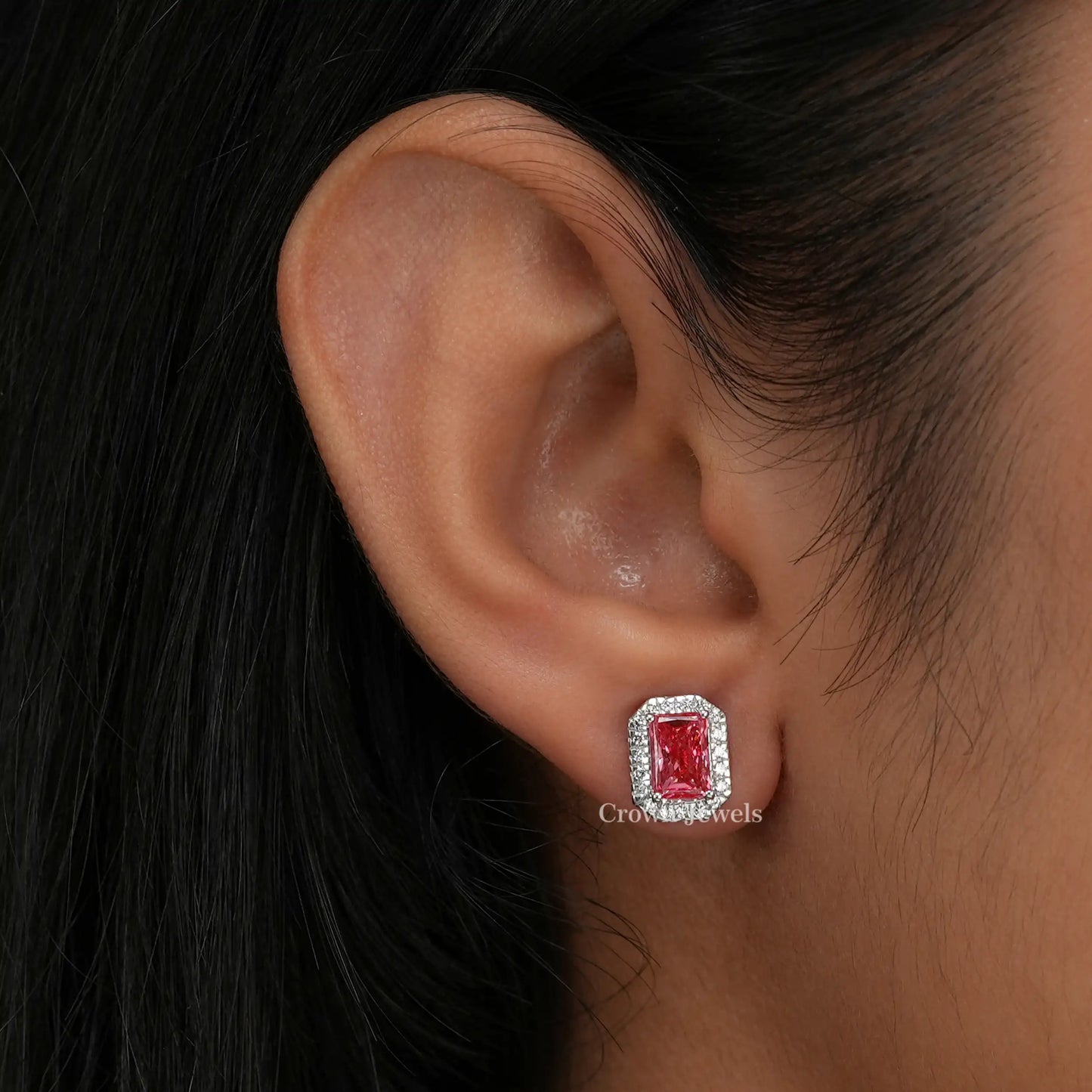 Pink Radiant Cut Lab Grown Diamond Halo Stud