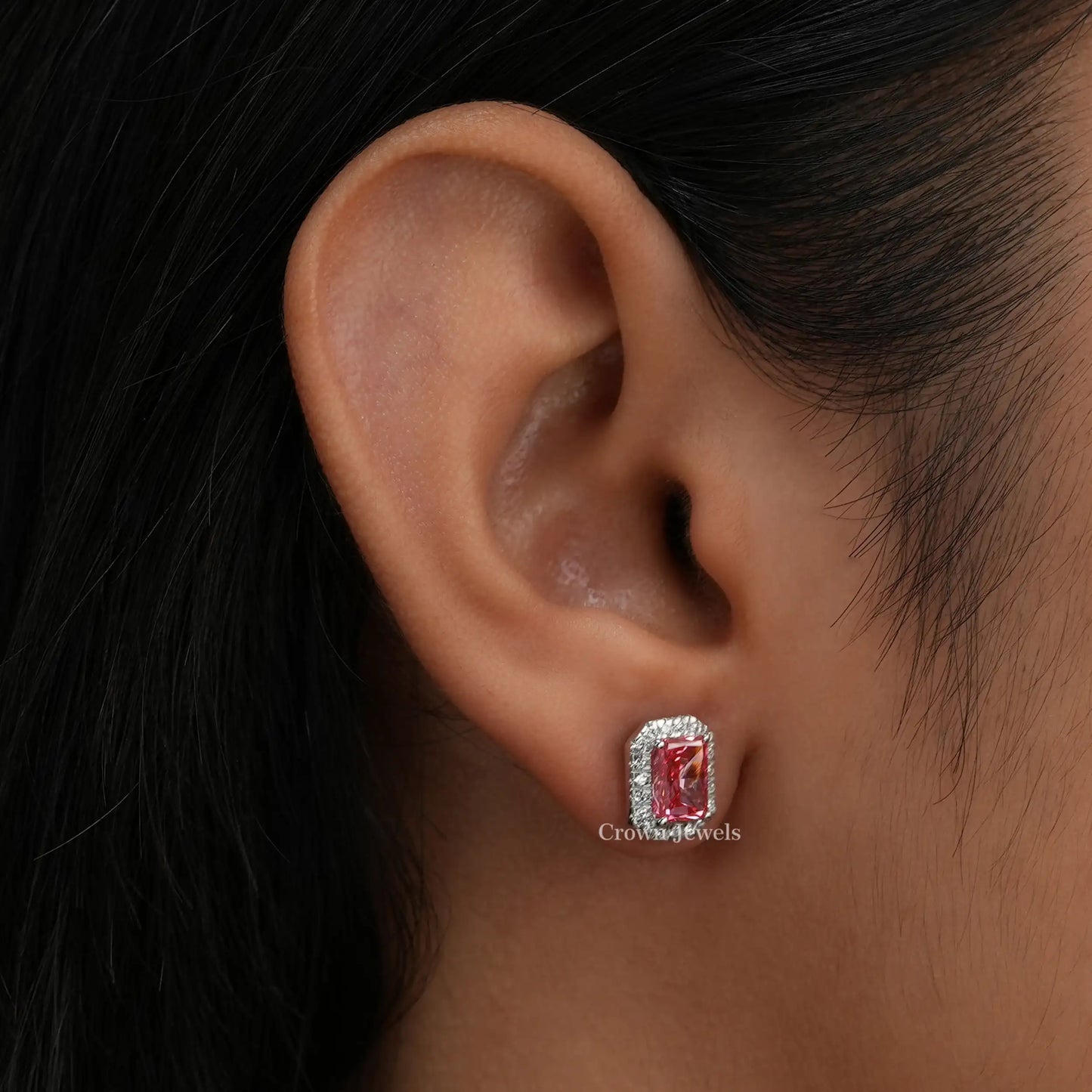 Pink Radiant Cut Lab Grown Diamond Halo Stud