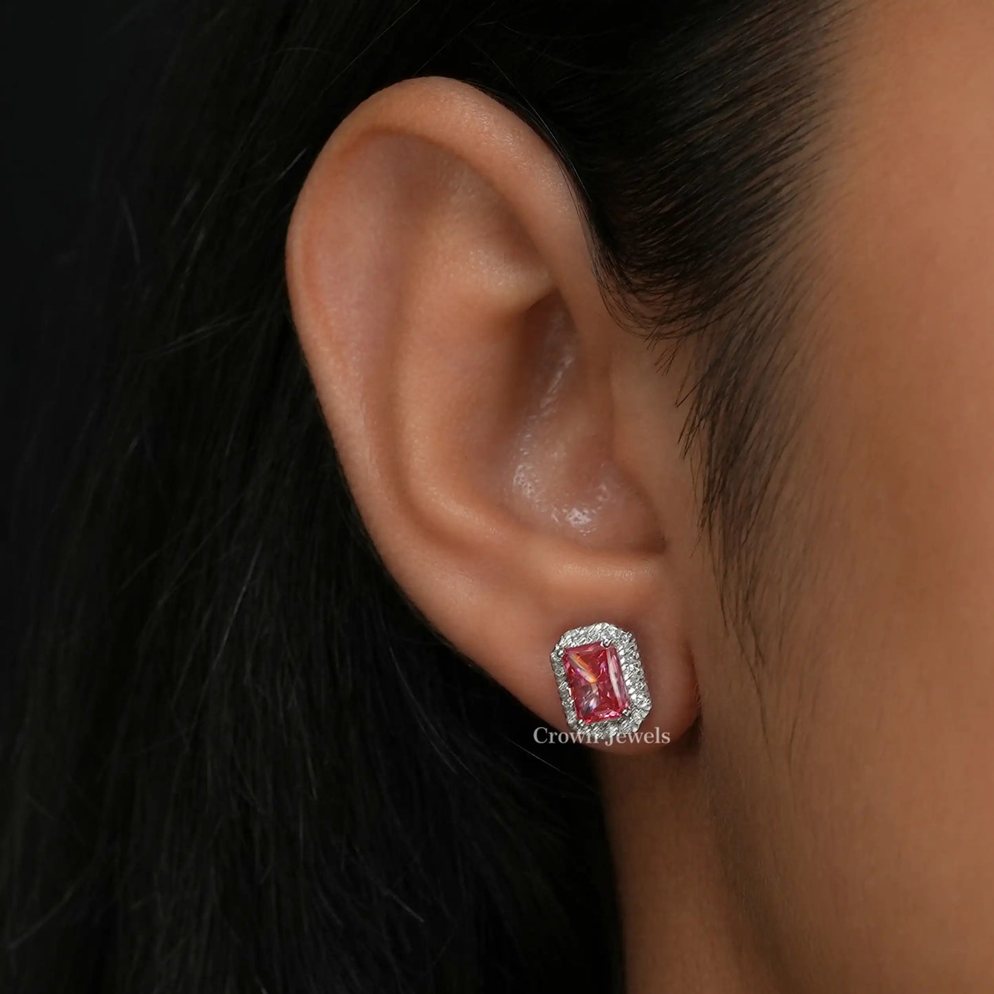 Pink Radiant Cut Lab Grown Diamond Halo Stud