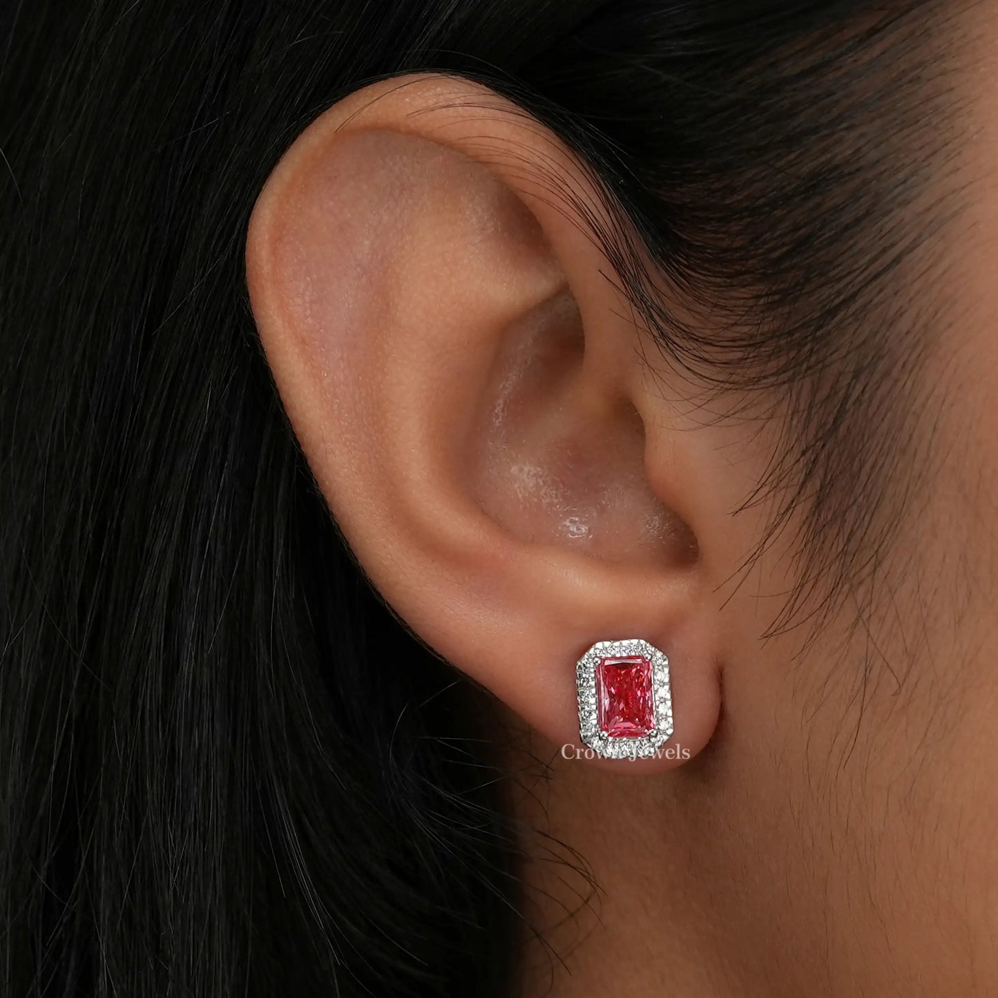 Pink Radiant Cut Lab Grown Diamond Halo Stud