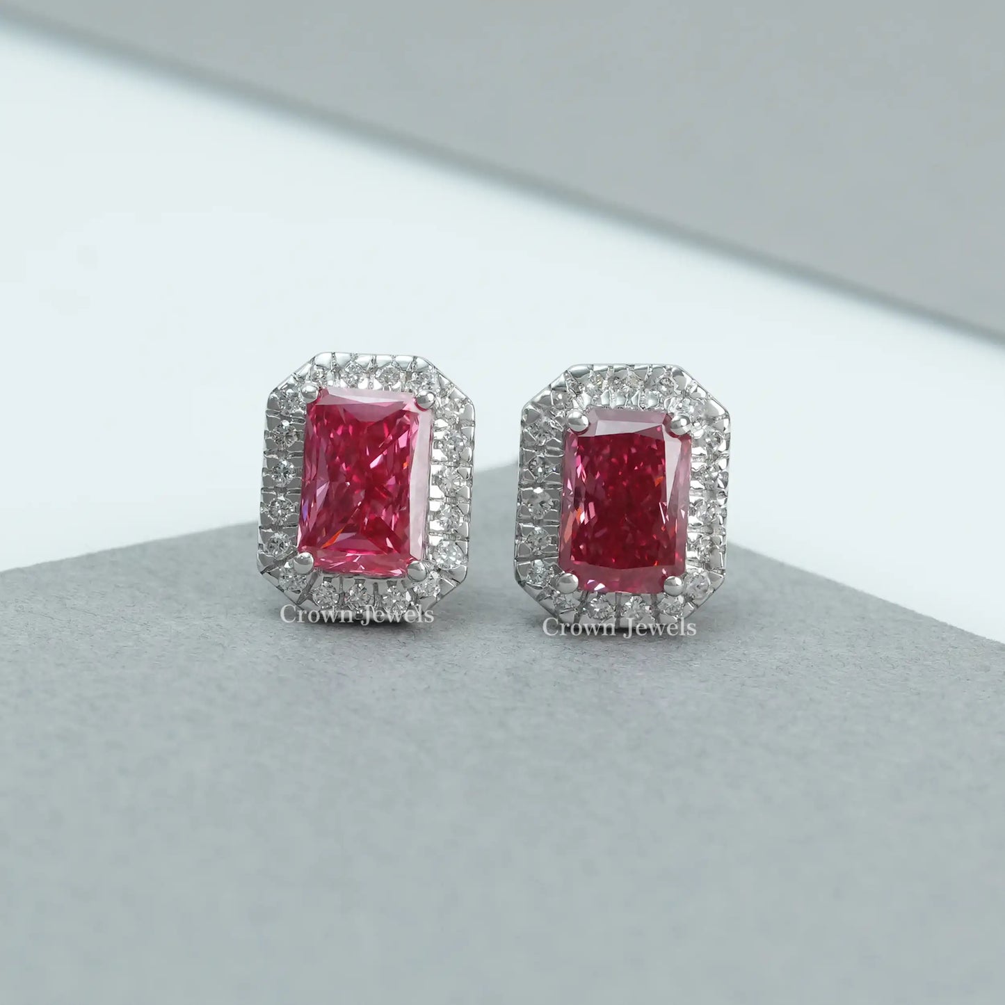 Pink Radiant Cut Lab Grown Diamond Halo Stud
