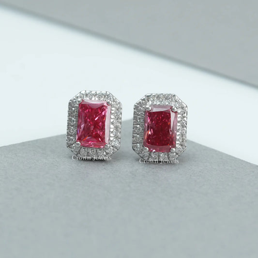 Pink Radiant Cut Lab Grown Diamond Halo Stud