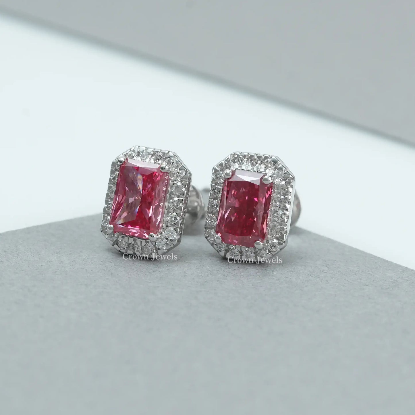 Pink Radiant Cut Lab Grown Diamond Halo Stud