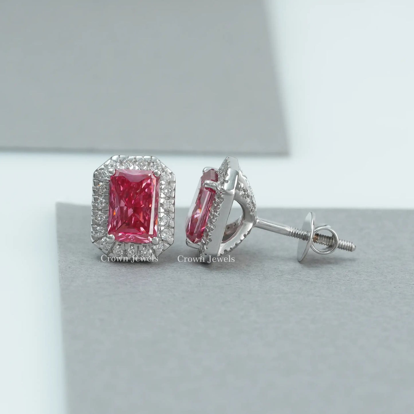 Pink Radiant Cut Lab Grown Diamond Halo Stud