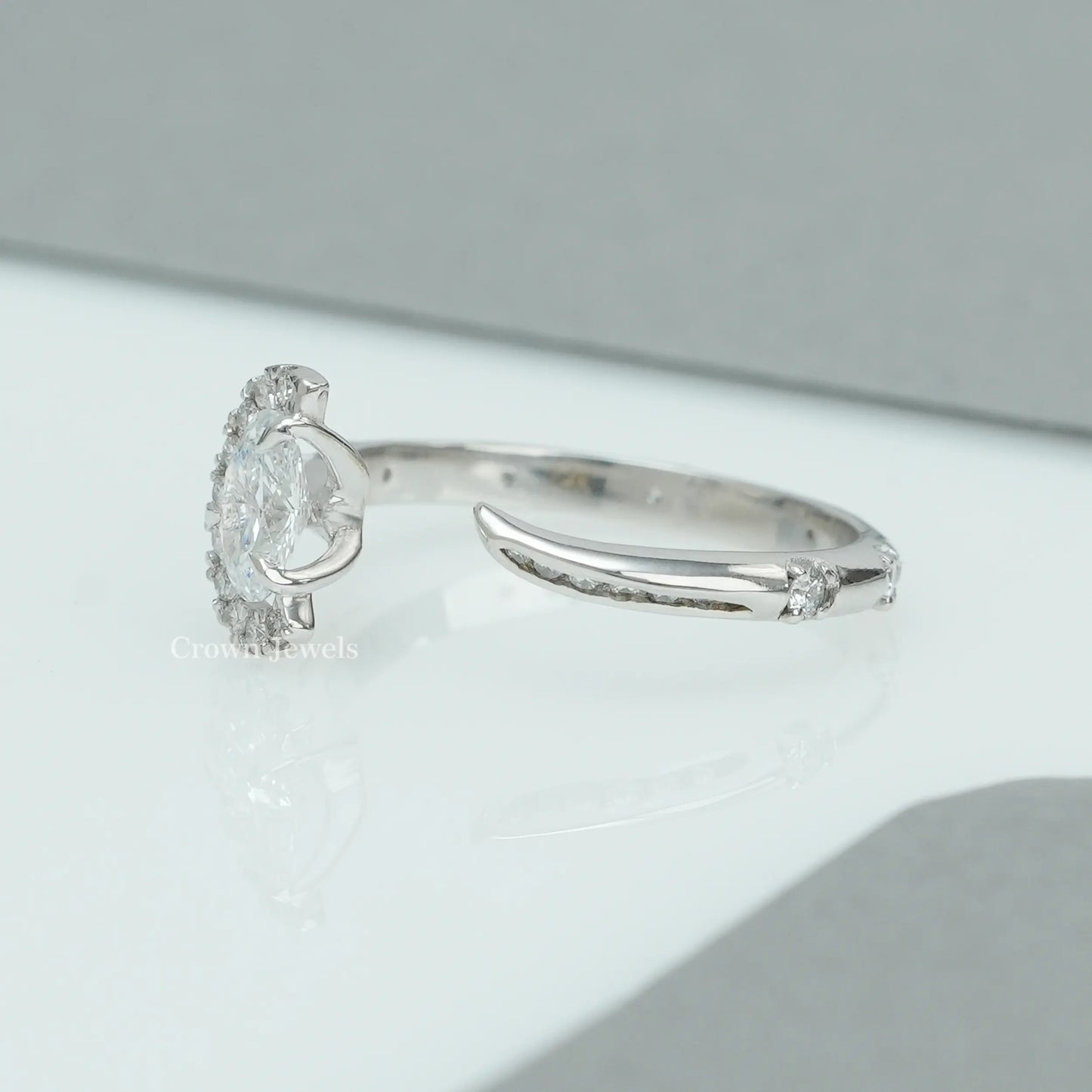Oval Half Halo Open Cuff Wedding Ring