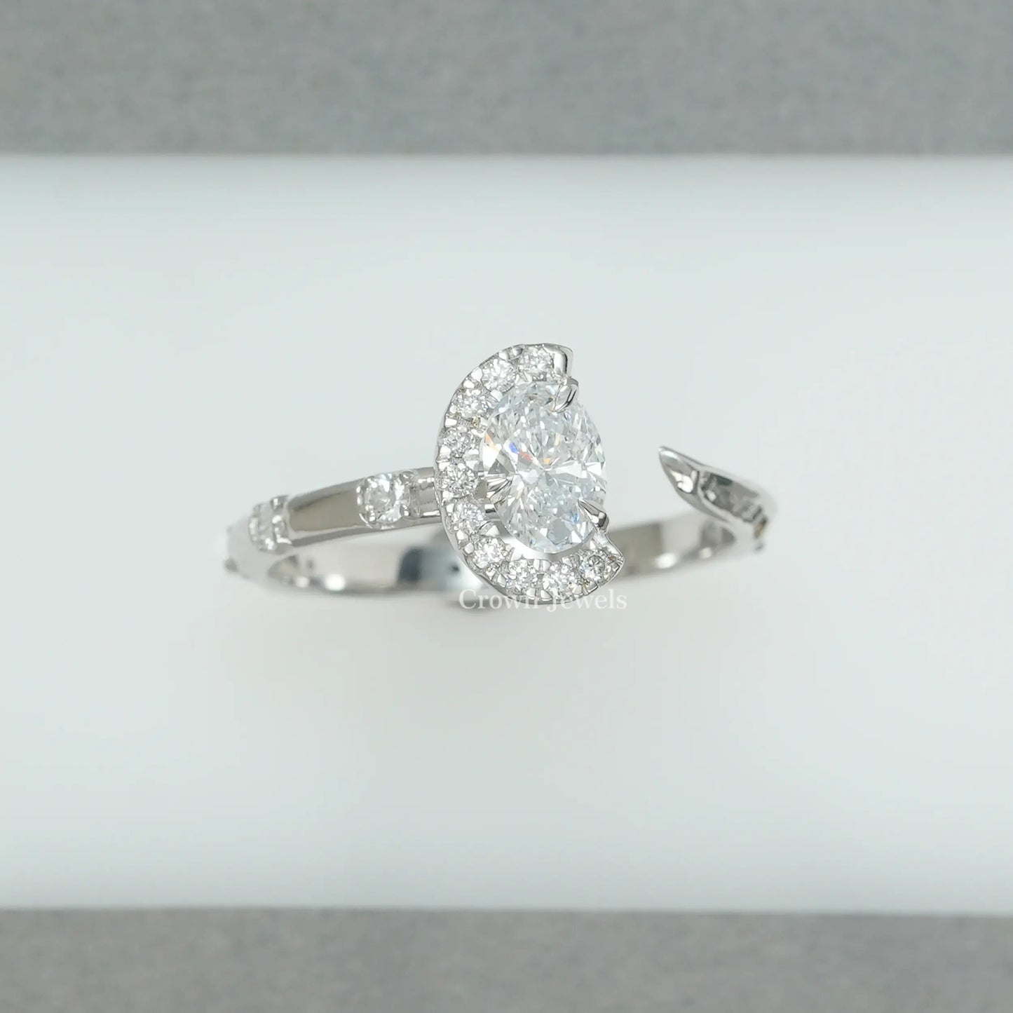 Oval Half Halo Open Cuff Wedding Ring