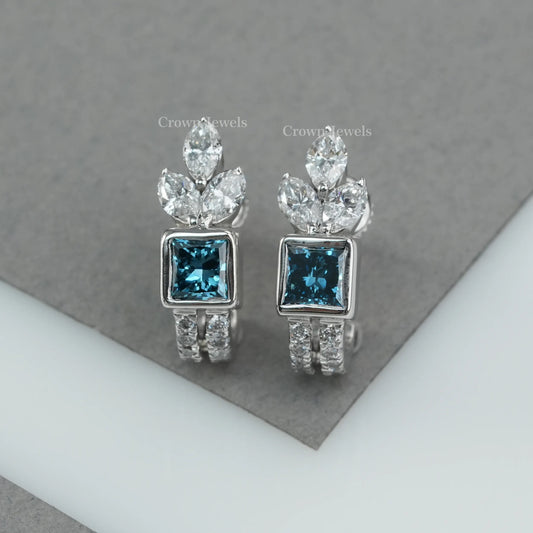 Blue Princess Cut Diamond Hoop Earrings