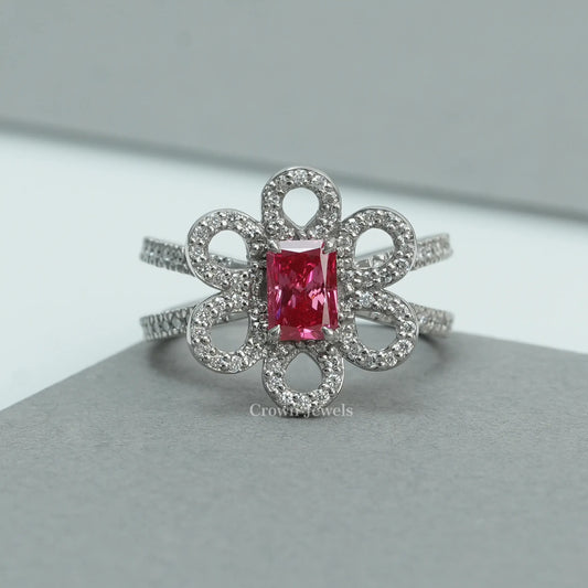 Red Radiant Diamond Flower Halo  Engagement  Ring