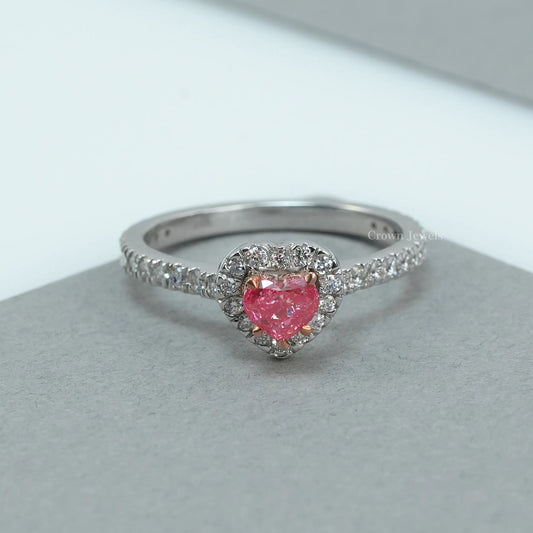 Pink Heart Diamond Halo Solitaire Accent Ring