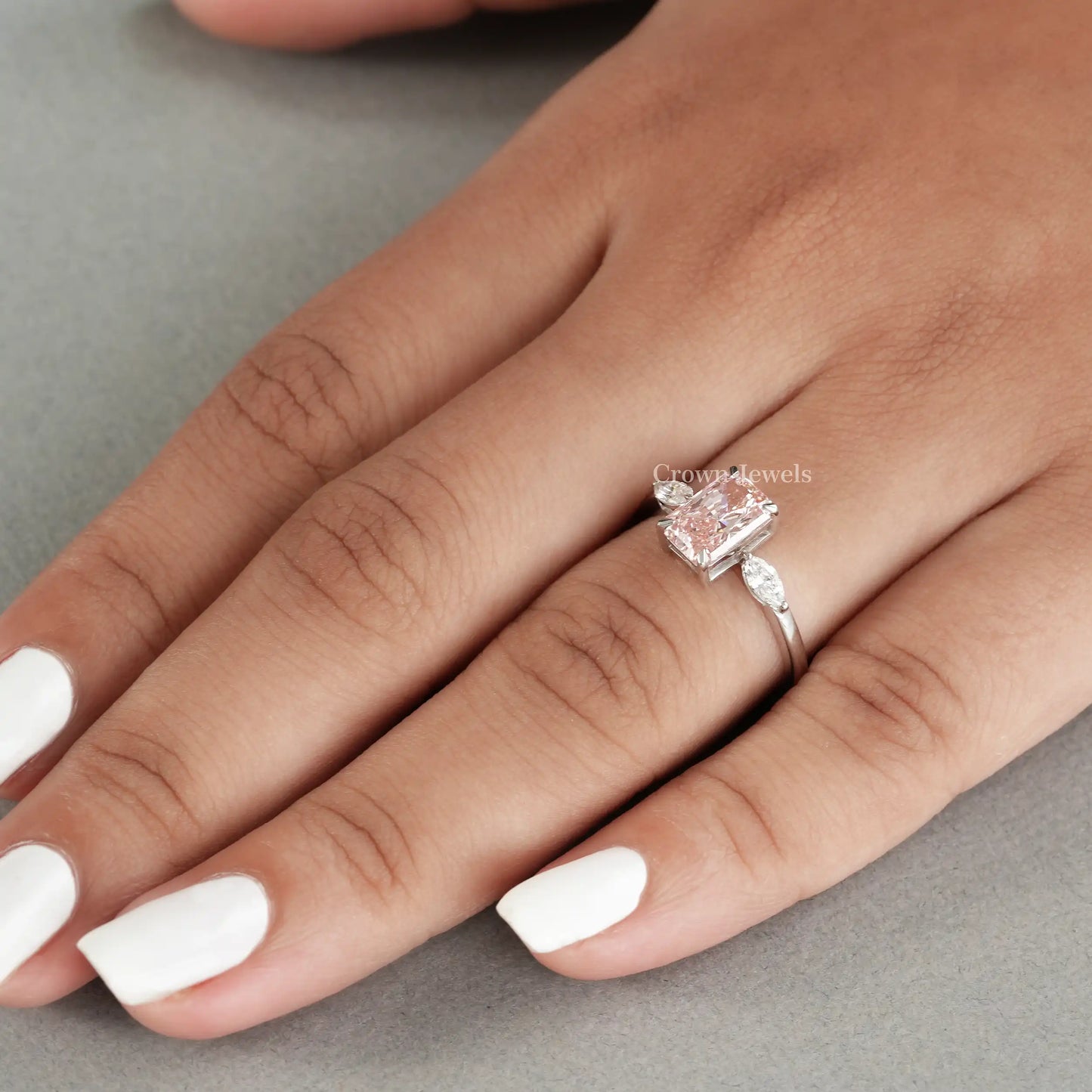 Three  Stone Pink  Radiant Diamond Ring