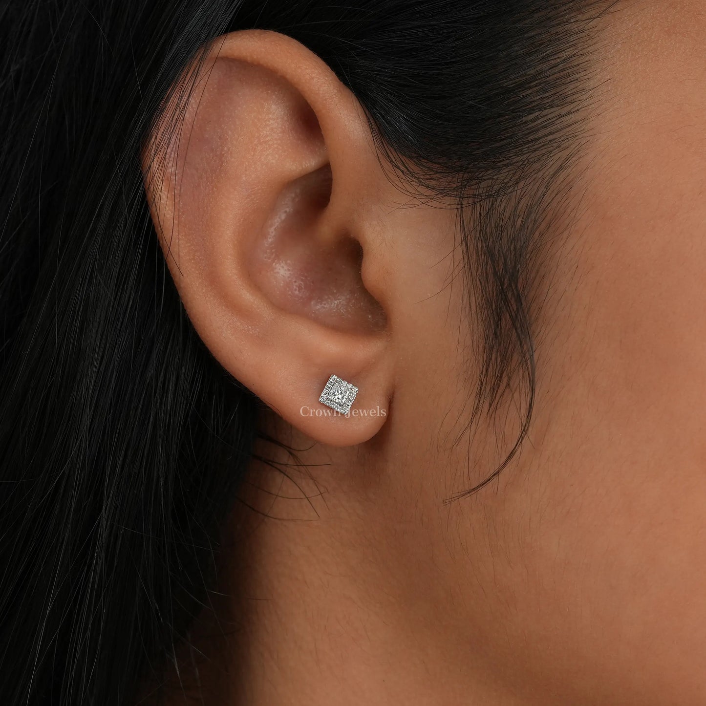 Princess Cut Halo Diamond  Stud Earrings