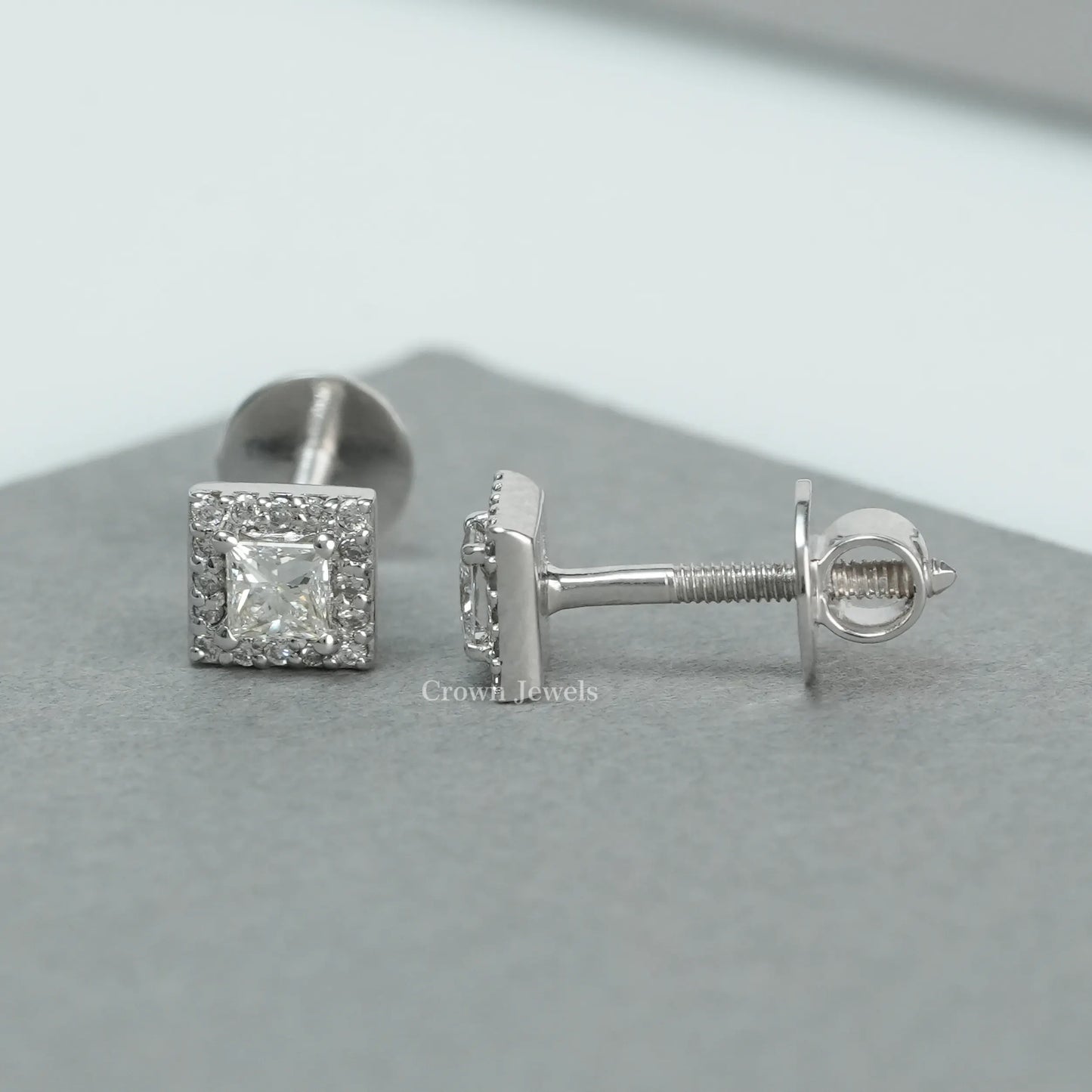 Princess Cut Halo Diamond  Stud Earrings
