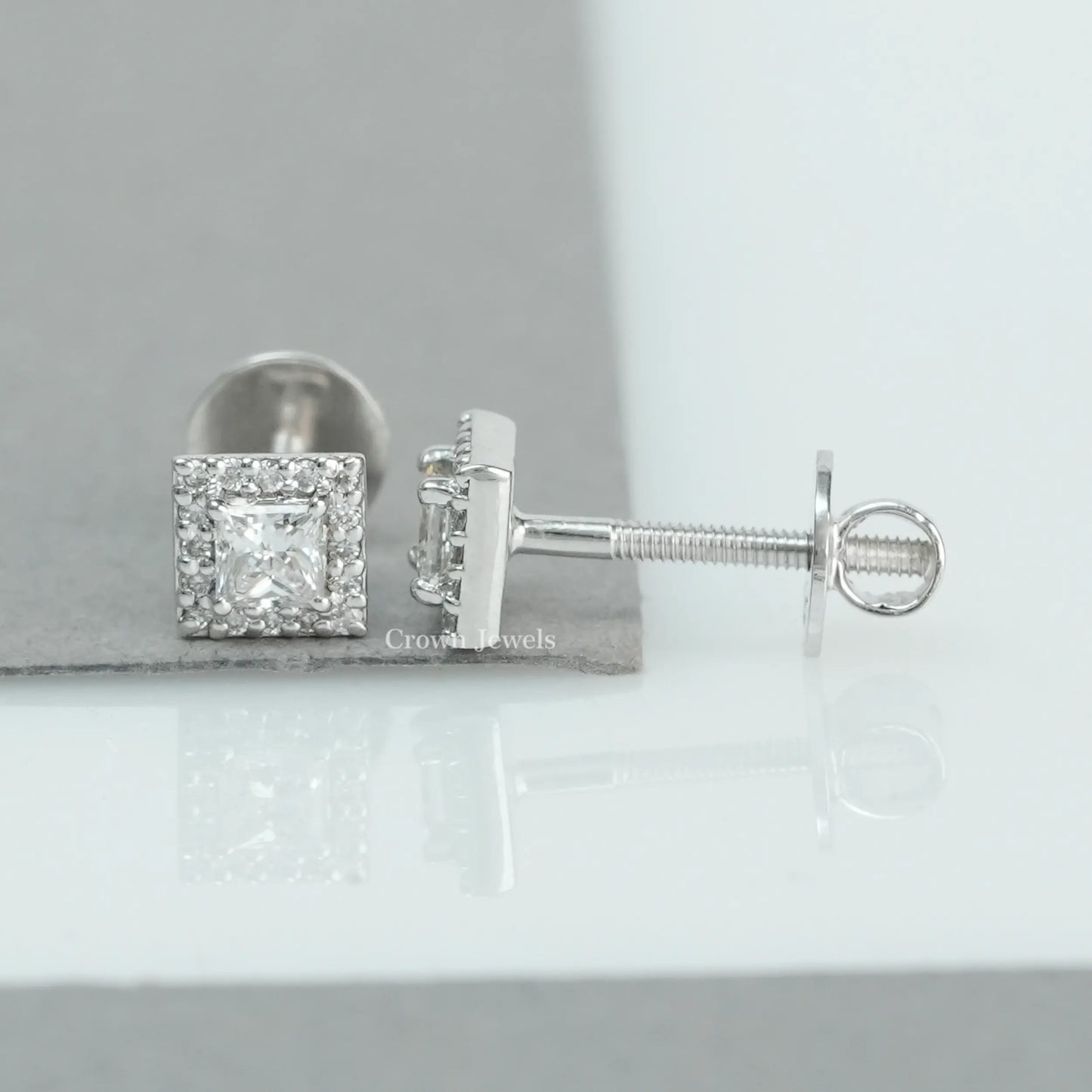 Princess Cut Halo Diamond  Stud Earrings