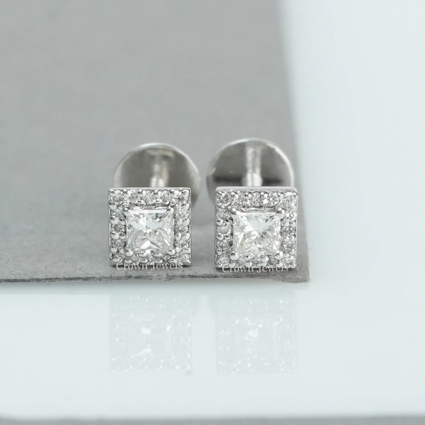Princess Cut Halo Diamond  Stud Earrings