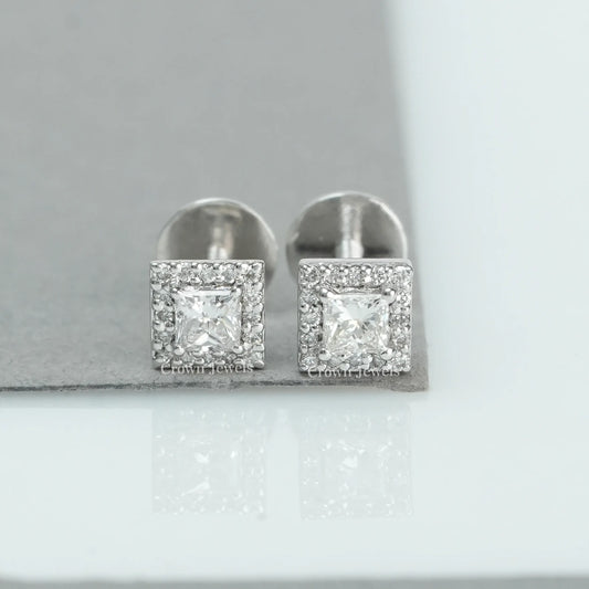 Princess Cut Halo Diamond  Stud Earrings