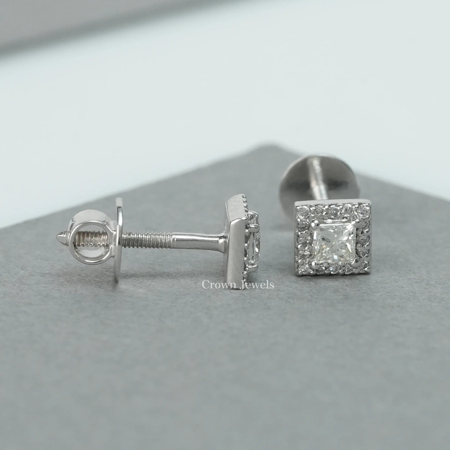 Princess Cut Halo Diamond  Stud Earrings