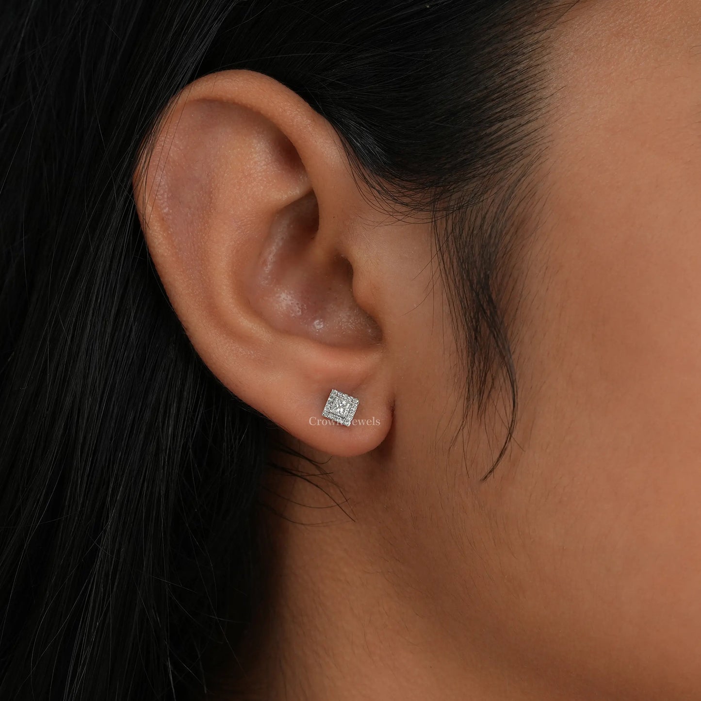 Princess Cut Halo Diamond  Stud Earrings