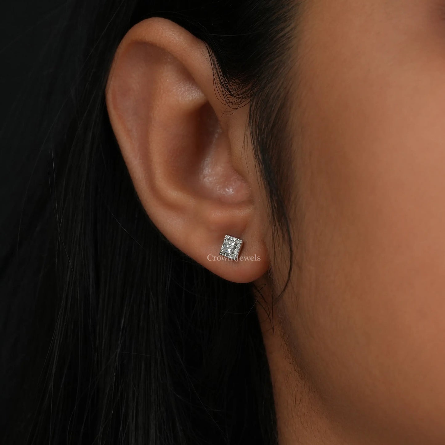 Princess Cut Halo Diamond  Stud Earrings
