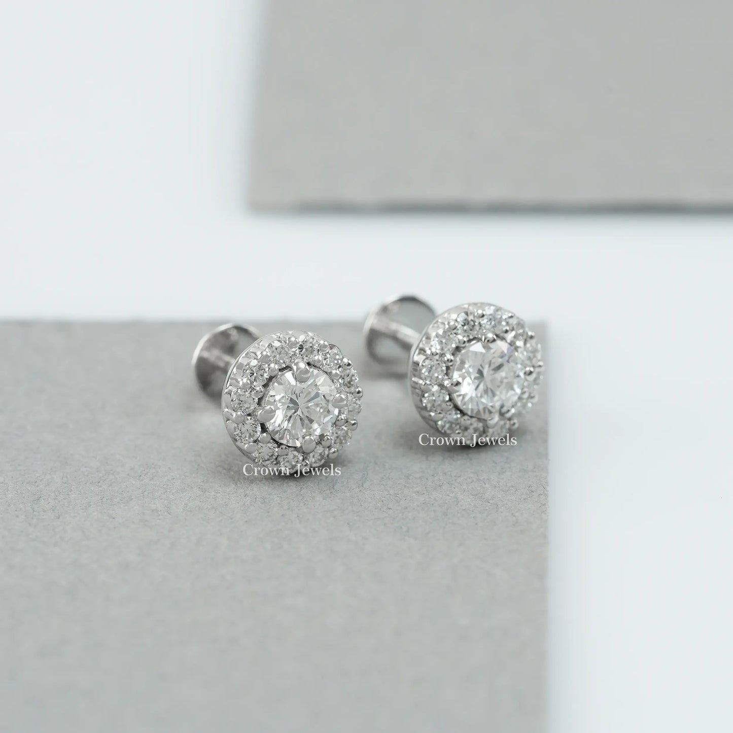 Round Cut Halo Diamond  Stud Earrings