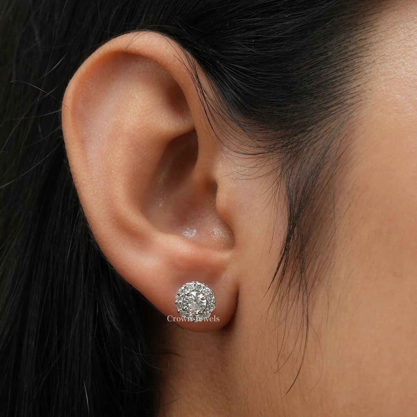 Round Cut Halo Diamond  Stud Earrings